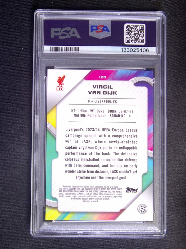 4/5 JSY# 1/1 2024-25 Topps Finest Virgil van Dijk #120 Red Refractor PSA 9 view 2
