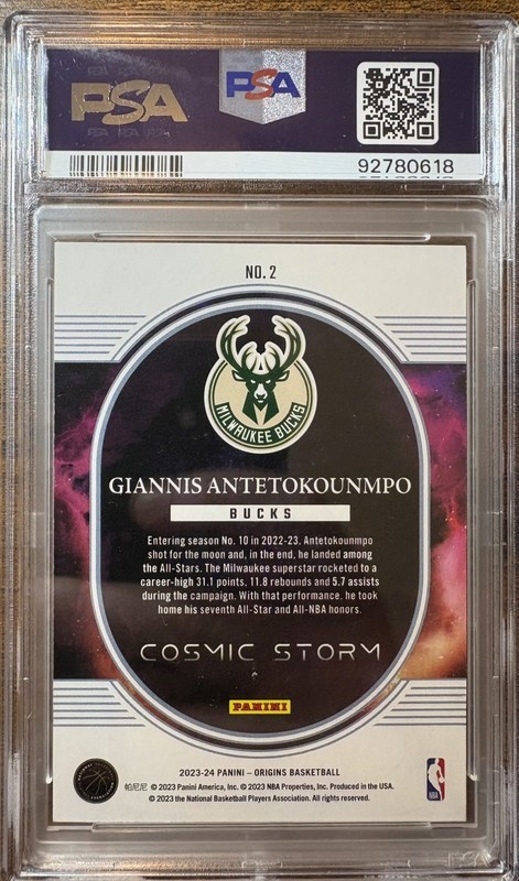 GIANNIS ANTETOKOUNMPO 2023-24 ORIGINS COSMIC STORM GOLD /10 PSA 8.5 Q2458 view 2