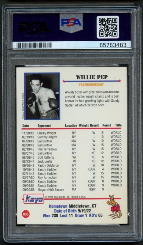 Willie Pep #35 signed autograph auto Kayo Boxing Trading Card PSA Slabbed view 2