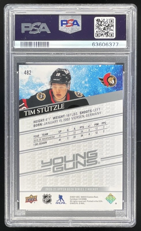 2020-21 Upper Deck #482 Tim Stutzle Young Guns RC PSA 9 view 2