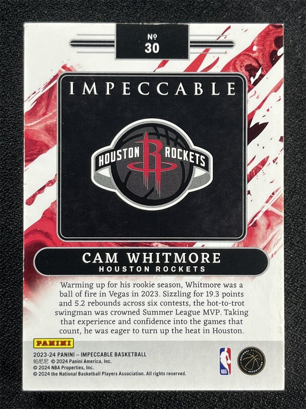 2023-24 Panini Impeccable Cam Whitmore #30 NBA Logoman Silver Bar RC Rookie /10 view 2