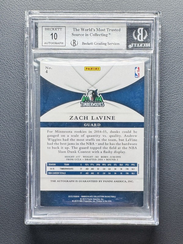 2014-15 Panini Immaculate Zach Lavine RC Rookie Holo GOLD Auto 01/10=1/1 BGS 8.5 view 2