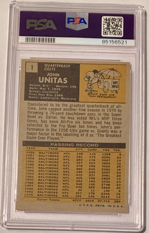 1971 TOPPS #1 Johnny JOHN UNITAS HOF Baltimore Colts PSA 4 VG EX, Nice Color! view 2