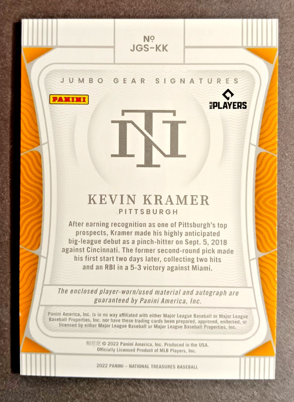 2022 National Treasures #JGS-KK Kevin Kramer Jumbo Gear Signatures AUTO /99 view 2
