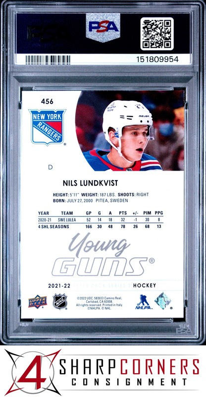 2021 UPPER DECK #456 NILS LUNDKVIST RC YOUNG GUNS PSA 10 view 2