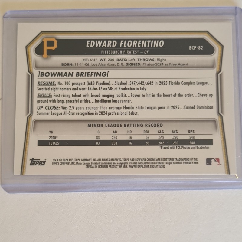 gold shimmer Bowman Chrome Edward Florentino RC Serial Numbered #34/50 Pirates view 2