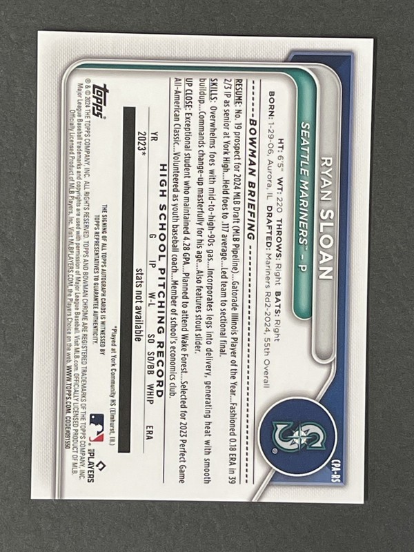 2024 Bowman Chrome 1st Ryan Sloan Aqua Lava Refractor /199 Auto view 2
