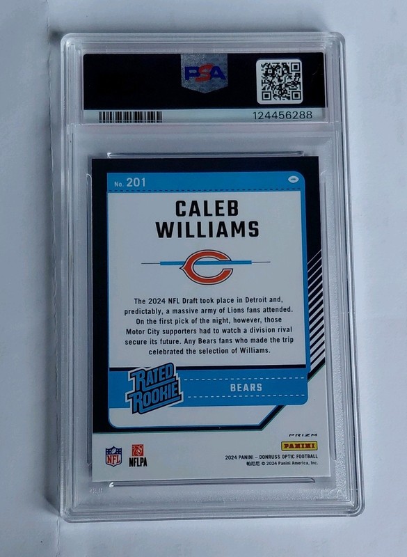 2024 Donruss Optic Rated Rookie Caleb Williams #201 Purple Shock PSA 9 view 2