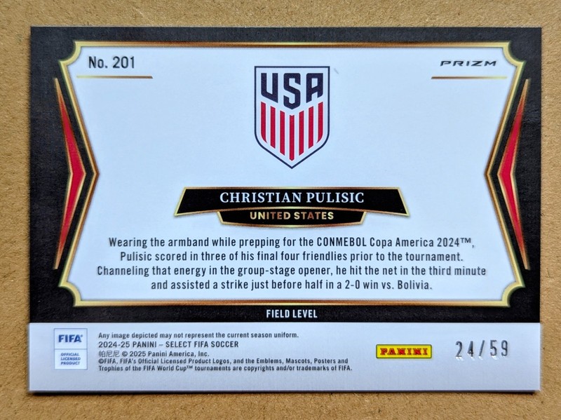 2024-25 Select FIFA Pulisic Field Level Pink Prizm /59 #201 USMNT view 2