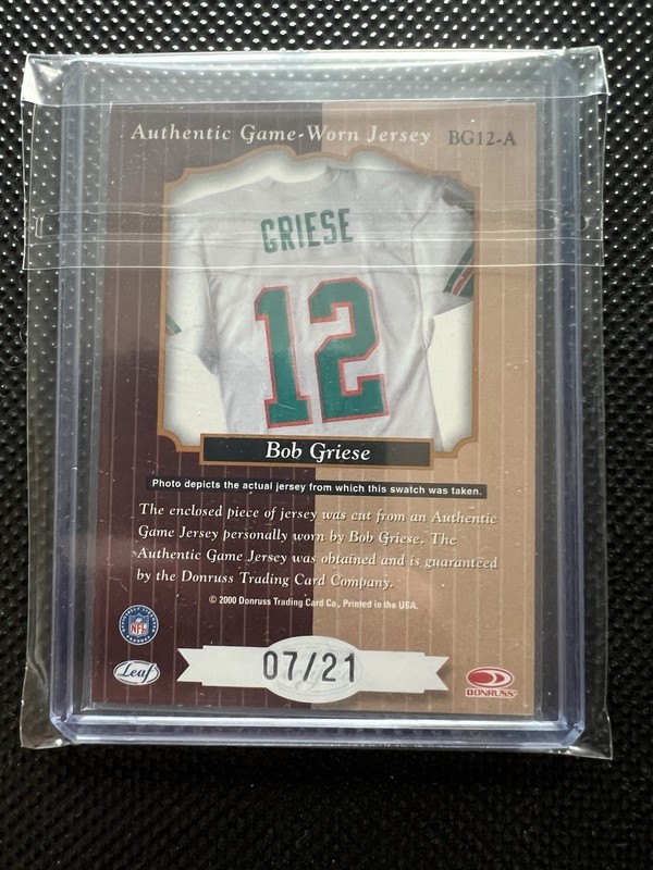 2000 Donruss Leaf Certified Century Bob Griese Game Worn Patch Auto /21 view 2