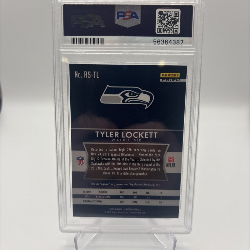 2015 PANINI PRIZM ROOKIE SIGNATURES VIOLET PRIZM #RSTL TYLER LOCKETT PSA 9 AUTO view 2