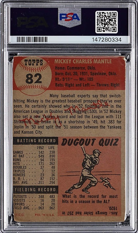 1953 Topps #82 Mickey Mantle PSA Authentic (Altered) view 2