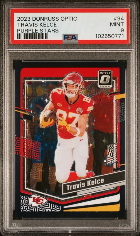 2023 Donruss Optic Travis Kelce Purple Stars Numbered 8/15 PSA 9 view 1
