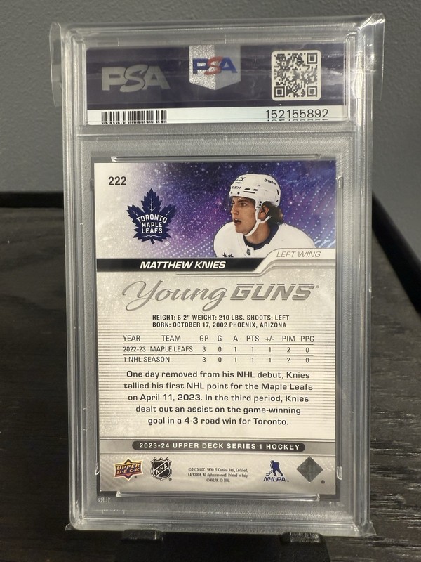 2023-24 Upper Deck Series 1 - Young Guns Matthew Knies #222 (RC) PSA 9 view 2