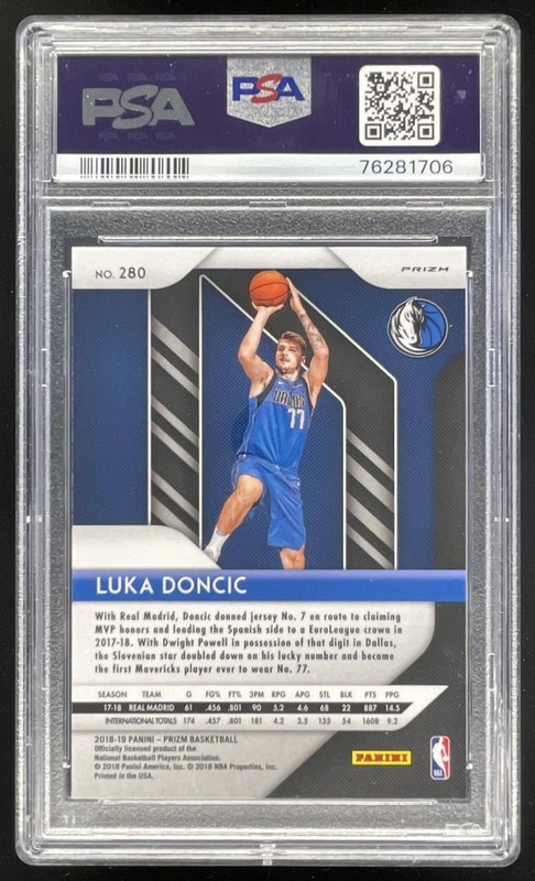 2018-19 Panini Prizm Prizms Red White and Blue #280 Luka Doncic RC PSA 10 view 2