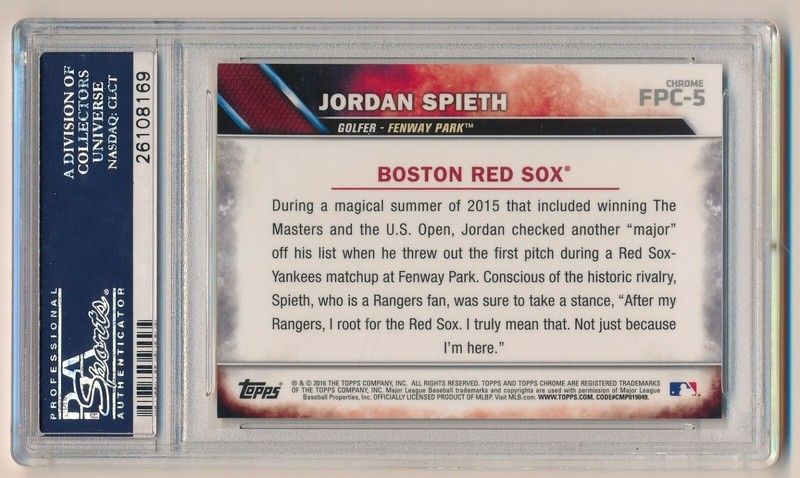 2016 Topps Chrome First Pitch Jordan Spieth Green Refractor PSA 9 Mint 47/99 view 2