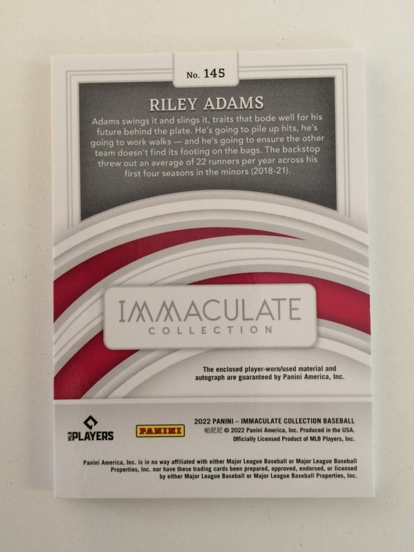 2022 Panini Immaculate rc logo patch auto RILEY ADAMS #d 14/49! Nationals view 2