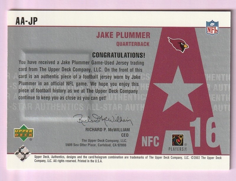2002 Upper Deck All-Star Authentics JAKE PLUMMER Game Used Jersey Card *8B view 2