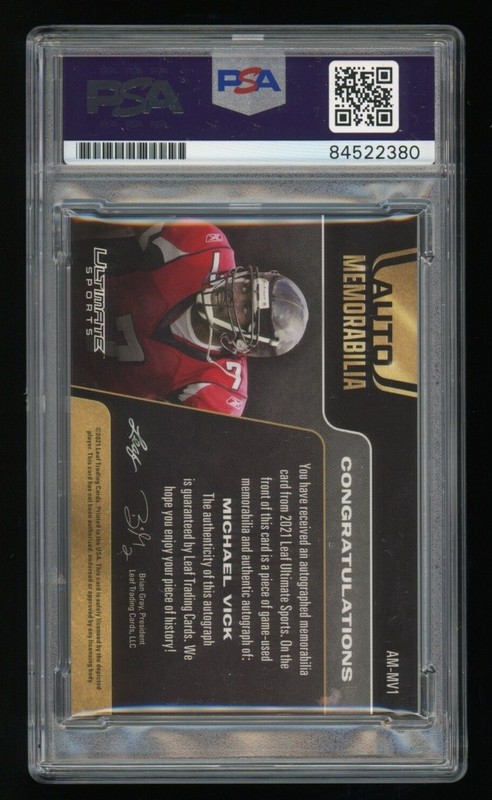 Michael Vick PSA/DNA (#16/20) 2021 Leaf Ultimate Sports Auto Game Worn Patch view 2