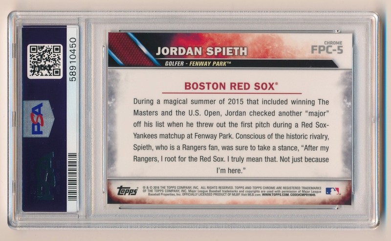 2016 Topps Chrome First Pitch Jordan Spieth PSA 10 Gem Mint FPC-5 view 2
