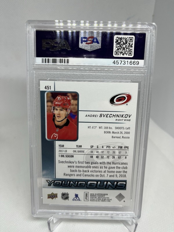 2018 Upper Deck - Young Guns #451 Andrei Svechnikov PSA 10 Rookie RC view 2