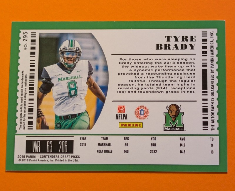 2019 Contenders Draft Tyre Brady College Ticket Rookie Auto RC #293 Marshall view 2