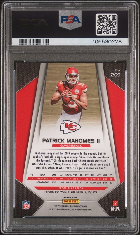 PATRICK MAHOMES SIGNED 2017 PANINI PRIZM ROOKIE #269 RC AUTO PSA 10 view 2