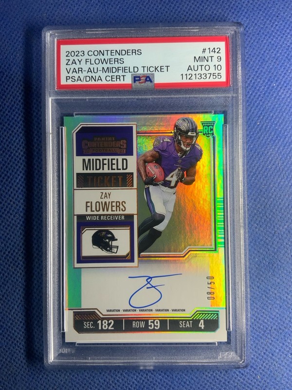 2023 Panini Contenders -JAY FLOWERS Variation Midfield Ticket 8/50 Auto Psa 9/10