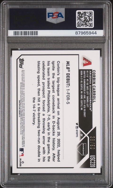 2023 TOPPS CHROME UPDATE CORBIN CARROLL RC GOLD MINI DIAMOND PSA 9 view 2