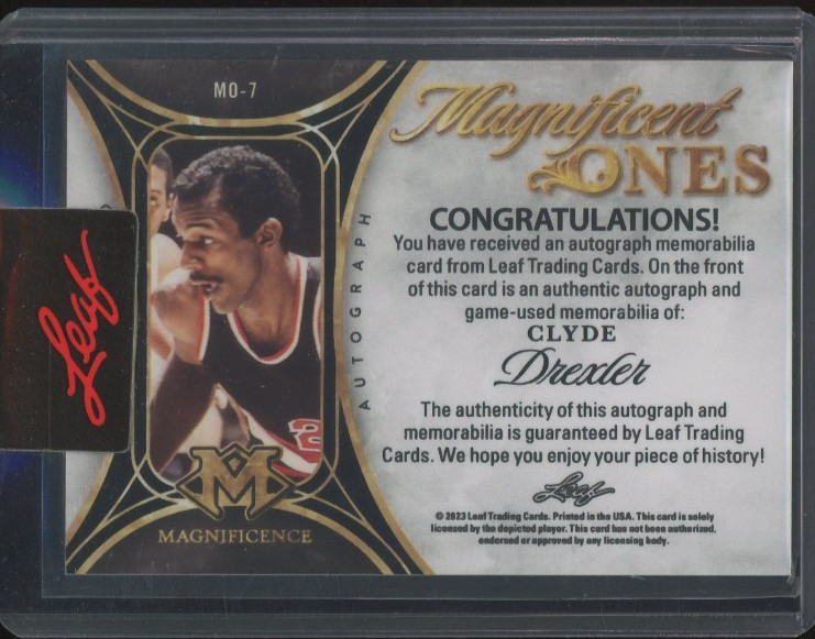 2023 Leaf Clyde Drexler #MO-7 Game Used Logoman Autograph 1/1 Factory Sealed view 2