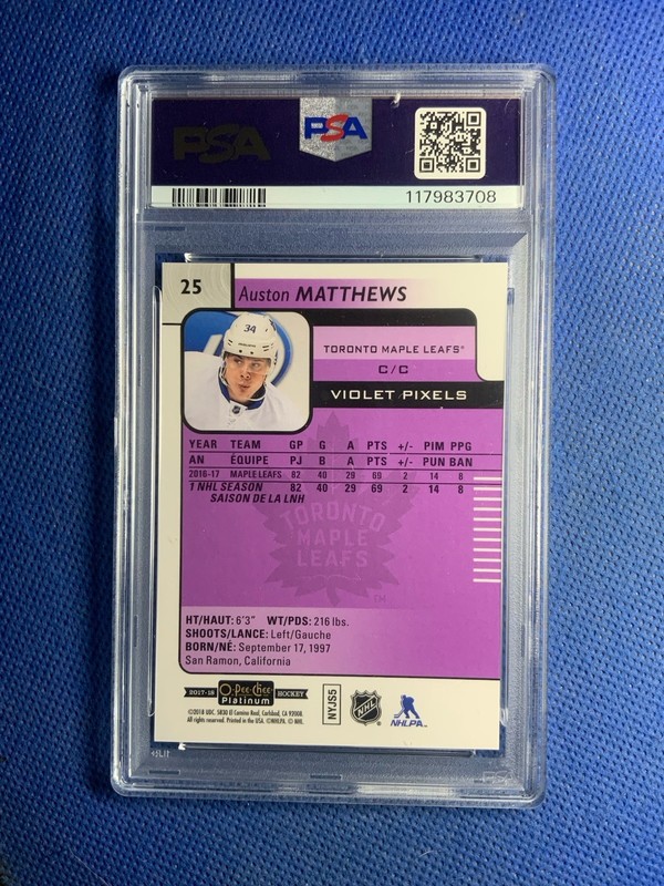 2017-18 O-Pee-Chee Platinum Auston Matthews Violet Pixels #25 PSA 10 GEM MINT view 2