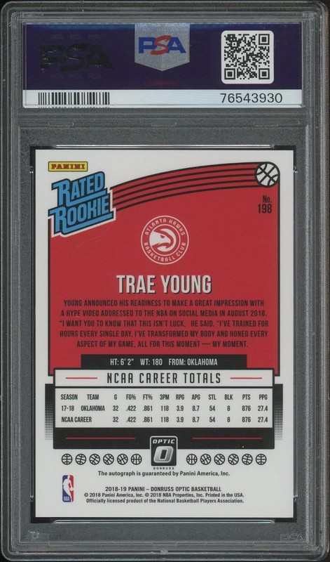 2018/19 Donruss Optic Basketball #198 Trae Young Rated Rookie Auto PSA 9 (MINT) view 2