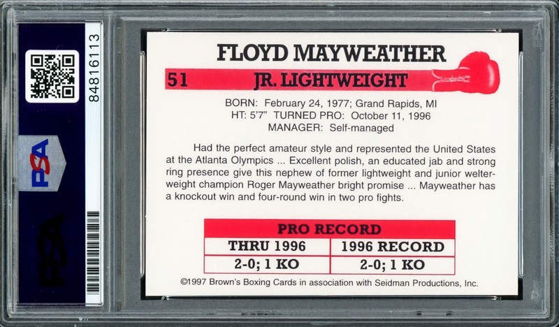 Floyd Mayweather Jr Auto 1997 Browns Boxing Rookie Reprint RC 51 Sig 10 50-0 PSA view 2