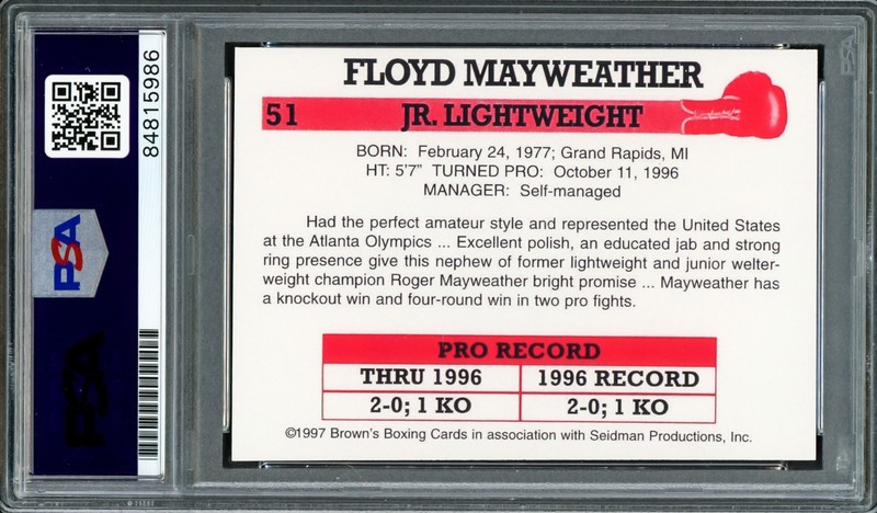 Floyd Mayweather Jr Auto 1997 Browns Boxing Rookie Reprint RC 51 Sig 10 $ PSA view 2