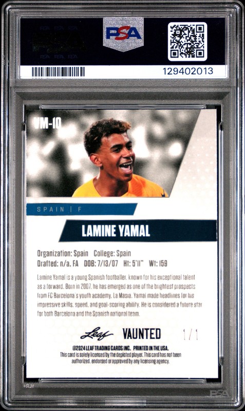 PSA 10 Lamine Yamal 2024 Leaf Vaunted Metal #VM-10 Gold Superprismatic 1/1 Card view 2