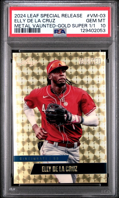 PSA 10 Elly De La Cruz Leaf Vaunted Metal #VM-03 Gold Superprismatic 1/1 RC Card