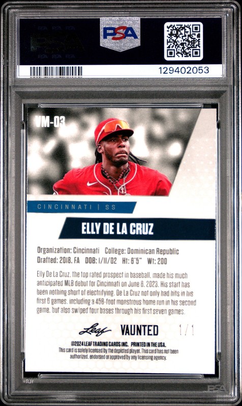 PSA 10 Elly De La Cruz Leaf Vaunted Metal #VM-03 Gold Superprismatic 1/1 RC Card view 2