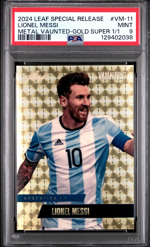 PSA 9 Lionel Messi 2024 Leaf Vaunted Metal #VM-11 Gold Superprismatic 1/1 Card