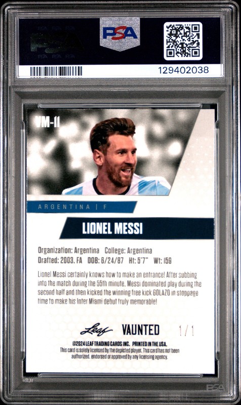 PSA 9 Lionel Messi 2024 Leaf Vaunted Metal #VM-11 Gold Superprismatic 1/1 Card view 2