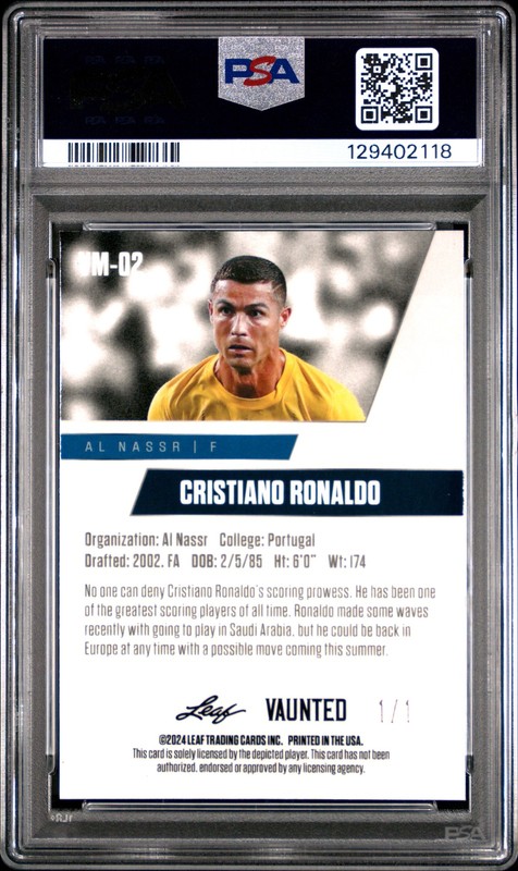 PSA 10 Cristiano Ronaldo 2024 Leaf Vaunted Metal VM-02 Platinum 1/1 Trading Card view 2