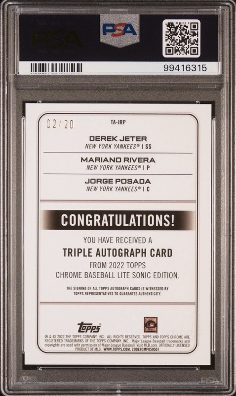 2022 Topps Chrome Sonic Jeter Rivera Posada #JRP Triple Auto 02/20 PSA 9 Auto 10 view 2