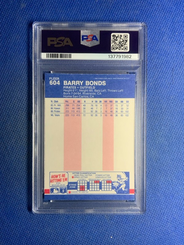 1987 Fleer Barry Bonds #604 Rookie PSA 8 Pirates RC view 2