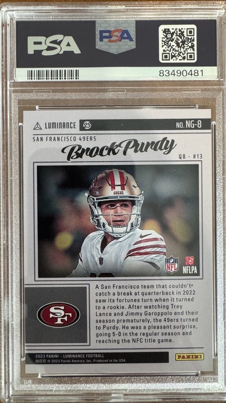Brock Purdy 2023 Luminance Names of the Game SSP PSA 10 Case Hit NG-8 Gem Mint view 2