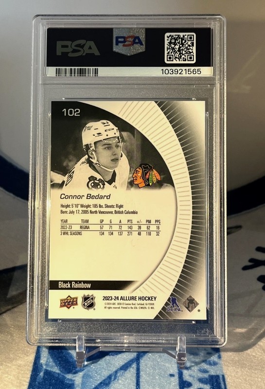 2023-24 Upper Deck Allure Connor Bedard ROOKIE CARD BLACK RAINBOW VARIANT PSA 10 view 2