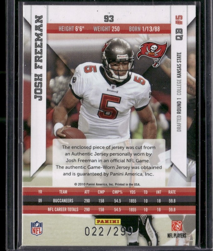 2010 Panini Epix #93 Josh Freeman Materials #/299 Game-Used Jersey Card view 2