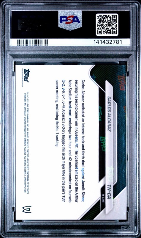 2025 Tennis Topps NOW SP CARLOS ALCARAZ Wins US Open 6th Major PSA 10 GEM POP108 view 2