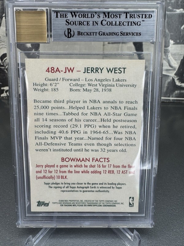 Jerry West 2009 Bowman ‘48 Autographs #48A-JW Logoman Pose Lakers BGS 9 Auto 10 view 2