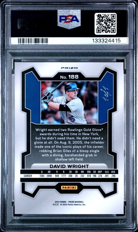 2024 DAVID WRIGHT METS 1/1 PSA 9 PANINI PRIZM BLACK FINITE CARD #188 view 2