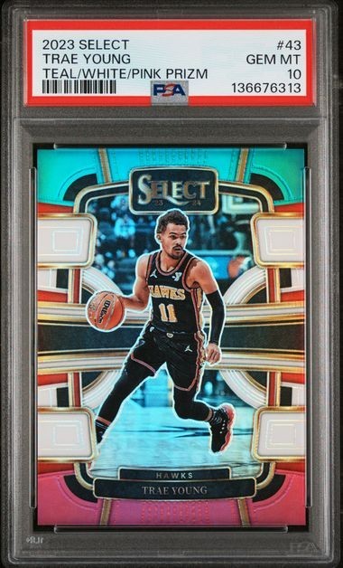2023 PANINI SELECT 43 TRAE YOUNG TEAL/WHITE/PINK PRIZM /49 PSA 10
