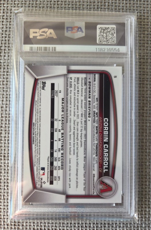 Corbin Carroll 2023 Bowman Chrome Sapphire Orange /75 RC - PSA 10 Gem Mint view 2